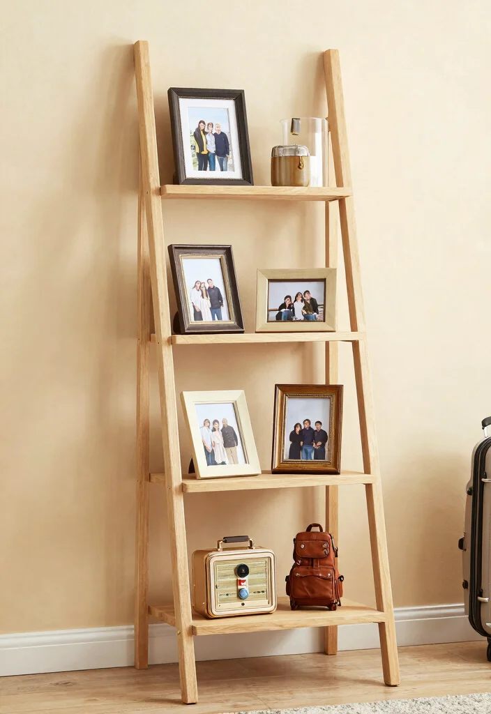 30 Ladder Shelf Decor Living Room Ideas for Stylish Small Space Storage - 8. Personal Mementos 1