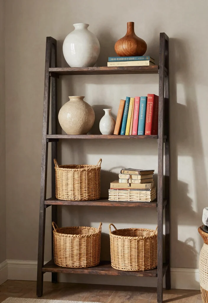 30 Ladder Shelf Decor Living Room Ideas for Stylish Small Space Storage - 9. Textured Layers 1