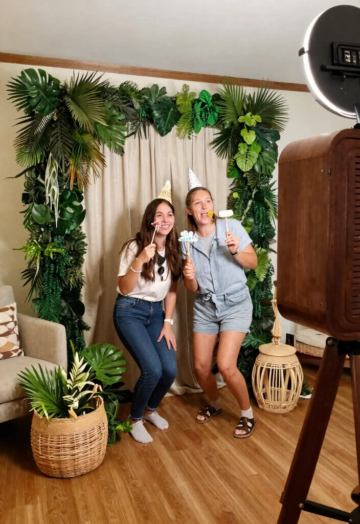 30 Living Room Birthday Party Decor Ideas for Celebration - 19. Eco-Friendly Photo Booth 1