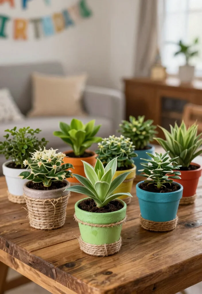 30 Living Room Birthday Party Decor Ideas for Celebration - 6. Potted Plant Favors 1