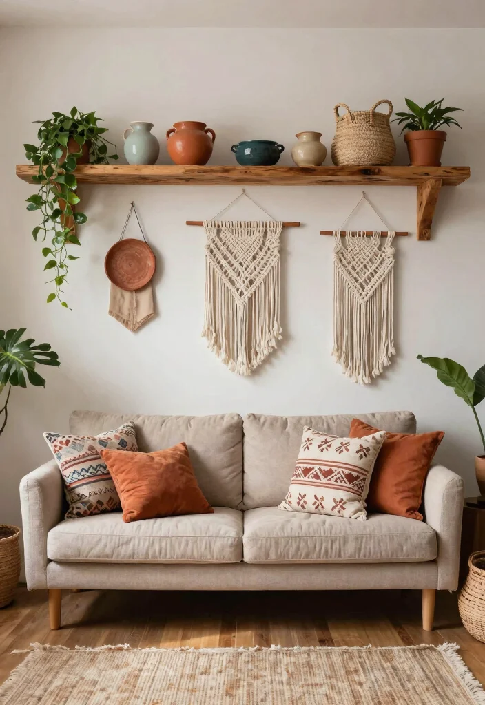 30 Living Room Decor Ideas for Wall Shelf Couch TV Stand and Sideboard Styling - 1. Boho-Chic Wall Shelf Decor 1