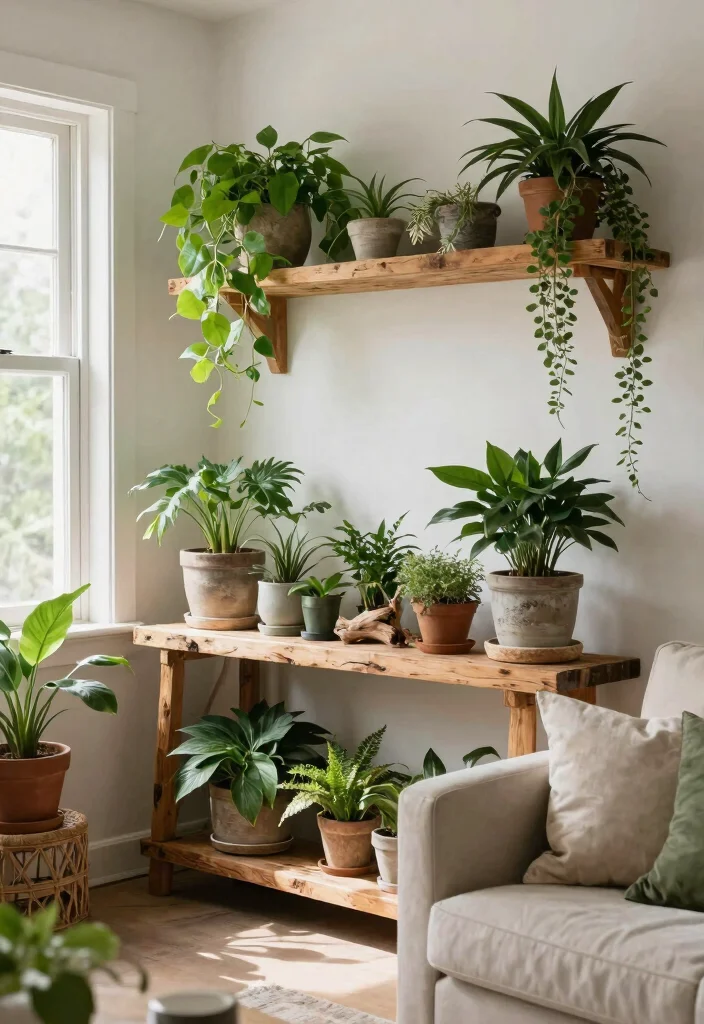 30 Living Room Decor Ideas for Wall Shelf Couch TV Stand and Sideboard Styling - 11. Rustic Greenery Accents 1