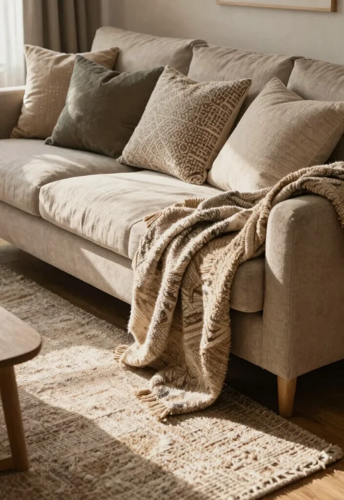 30 Living Room Decor Ideas for Wall Shelf Couch TV Stand and Sideboard Styling - 13. Layered Textiles on Furniture 1