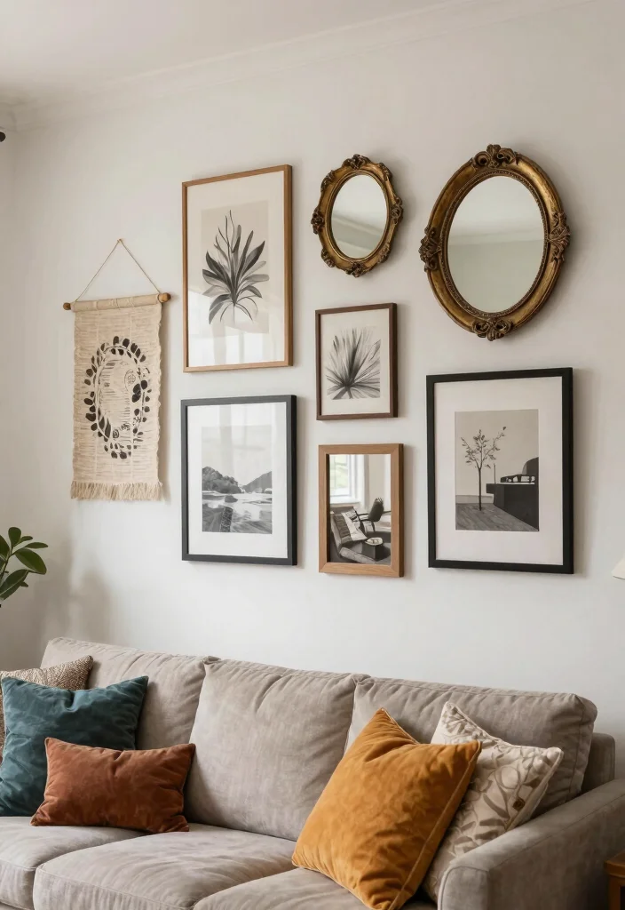 30 Living Room Decor Ideas for Wall Shelf Couch TV Stand and Sideboard Styling - 18. Layering Art and Decor 1