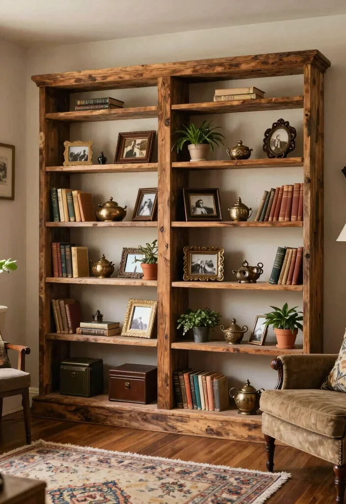 30 Living Room Decor Ideas for Wall Shelf Couch TV Stand and Sideboard Styling - 2. Vintage Finds on Open Shelving 1