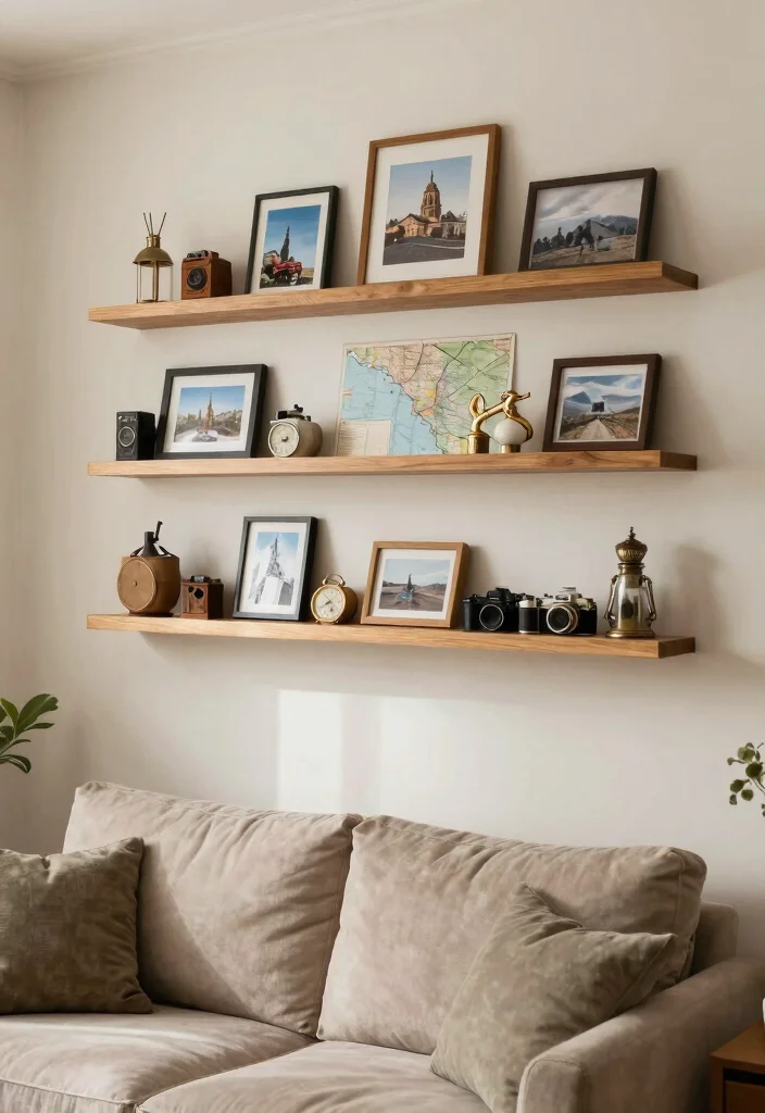 30 Living Room Decor Ideas for Wall Shelf Couch TV Stand and Sideboard Styling - 20. Personalize with Travel Souvenirs 1