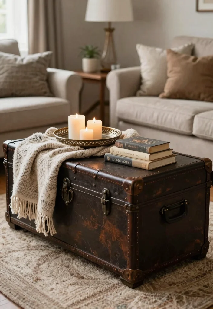 30 Living Room Decor Ideas for Wall Shelf Couch TV Stand and Sideboard Styling - 22. Use of Vintage Trunks as Coffee Tables 1