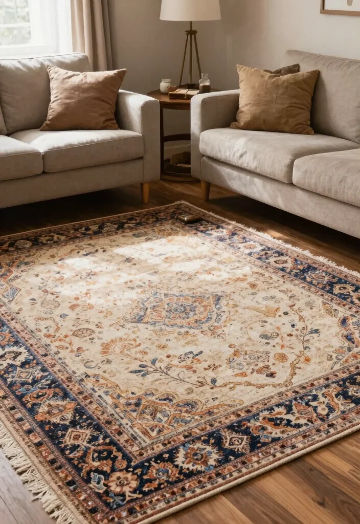 30 Living Room Decor Ideas for Wall Shelf Couch TV Stand and Sideboard Styling - 29. Creating Zones with Rugs 1