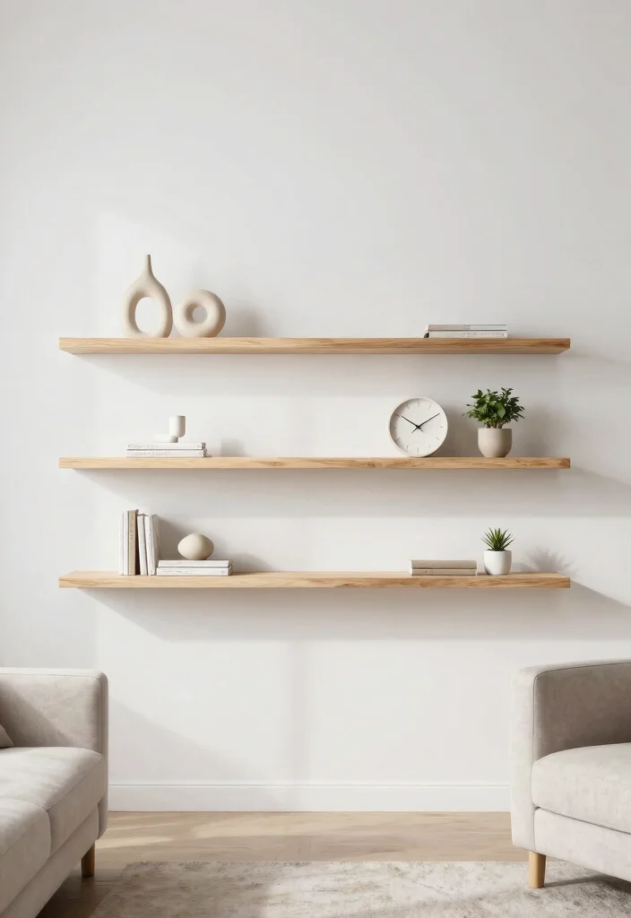 30 Living Room Decor Ideas for Wall Shelf Couch TV Stand and Sideboard Styling - 3. Minimalist Floating Shelves 1