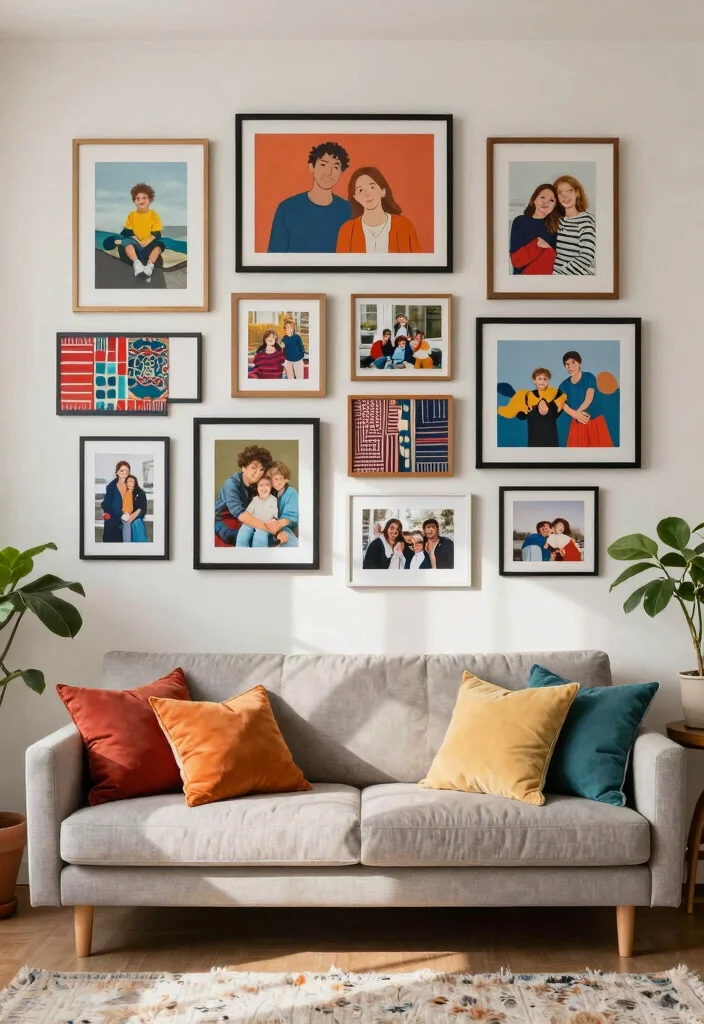 30 Living Room Decor Ideas for Wall Shelf Couch TV Stand and Sideboard Styling - 5. Gallery Wall Above the Couch 1