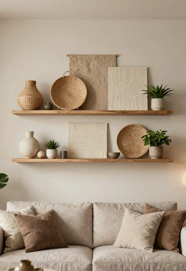 30 Living Room Decor Ideas for Wall Shelf Couch TV Stand and Sideboard Styling - 9. Textured Wall Art with Shelving 1