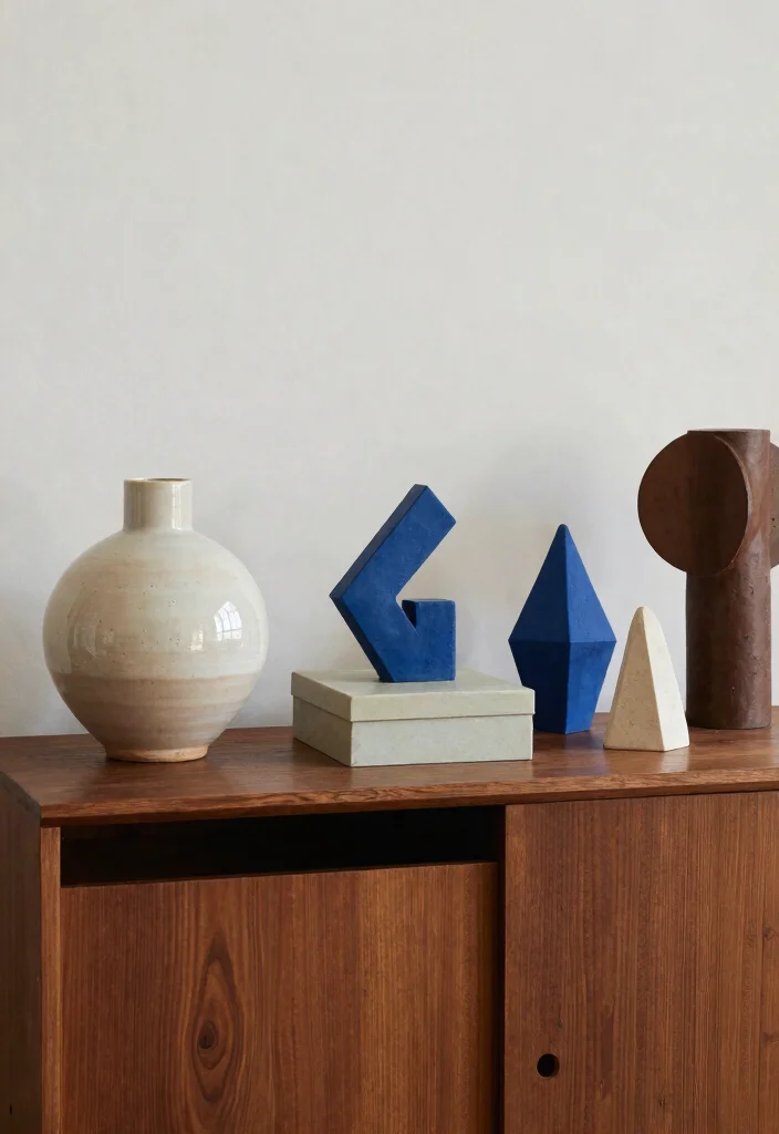 30 Living Room Sideboard Decor Ideas for a Styled Elegant Space - 19. Play with Shapes 1