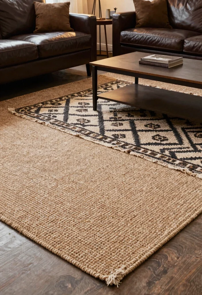 30 Men Apartment Living Room Decor Ideas for Masculine Style - 15. Layered Rugs 1