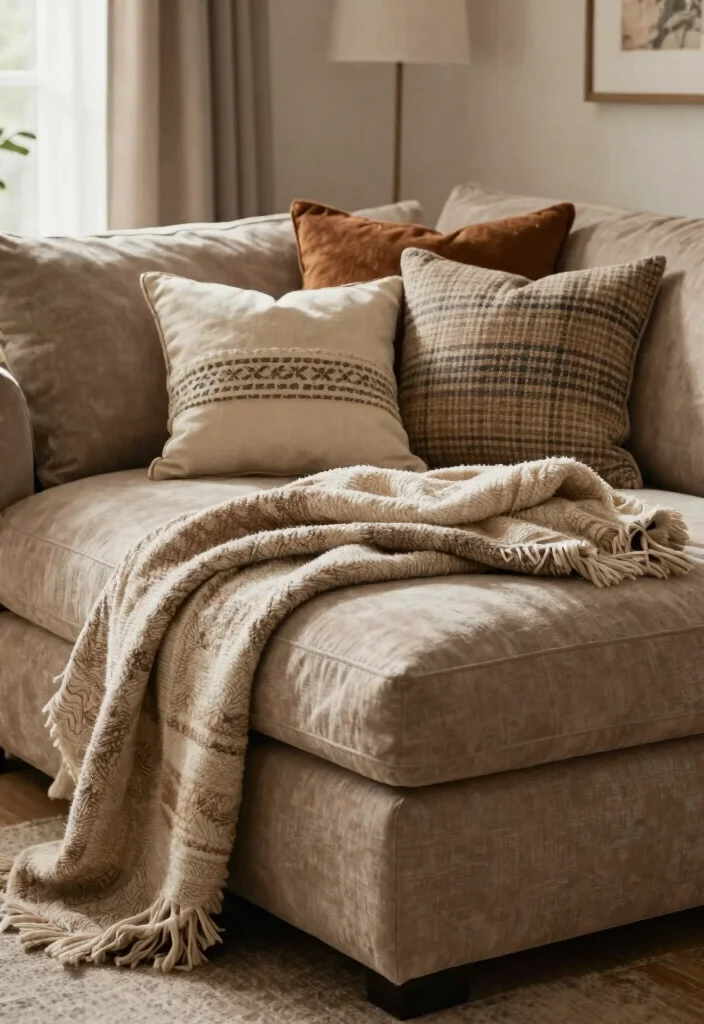 30 Ottoman Decor Living Room Ideas for a Cozy Styled Space - 13. Layering Textiles 1