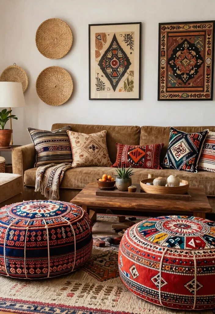 30 Ottoman Decor Living Room Ideas for a Cozy Styled Space - 14. Global Influences 1