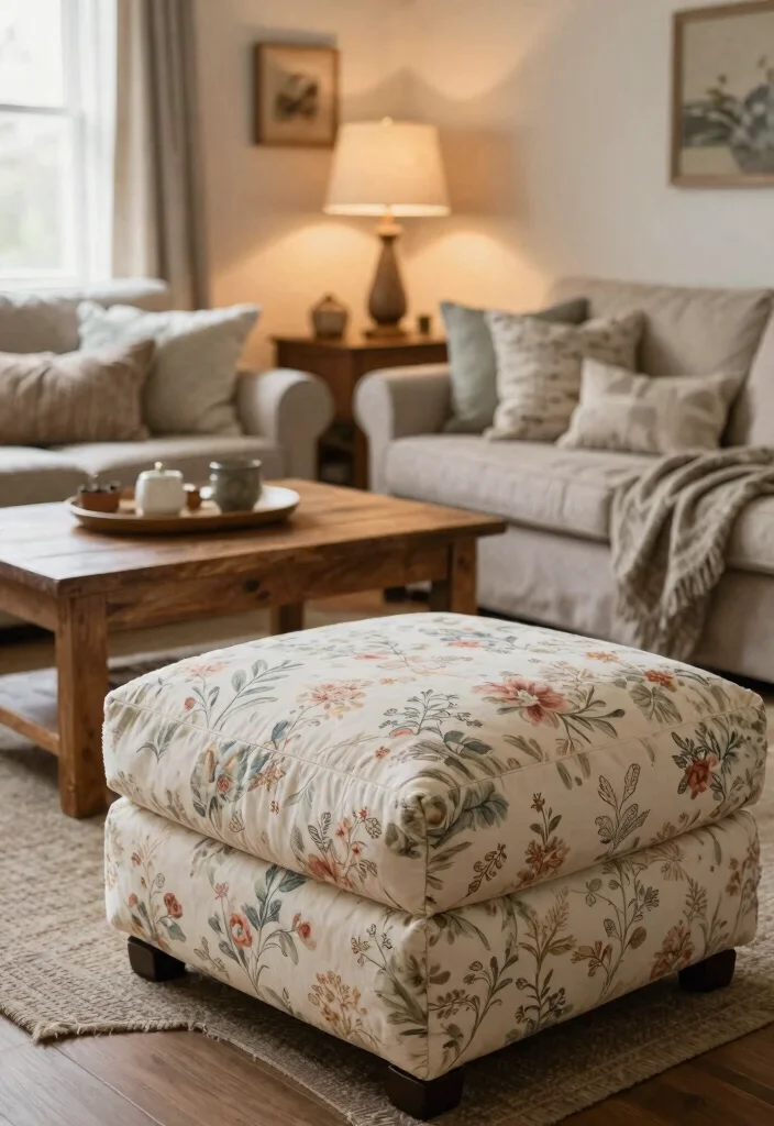 30 Ottoman Decor Living Room Ideas for a Cozy Styled Space - 19. Farmhouse Flair 1