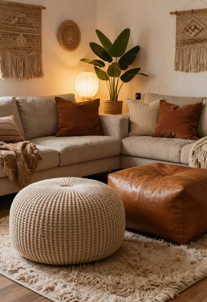 30 Ottoman Decor Living Room Ideas for a Cozy Styled Space - 2. Bohemian Textures 1