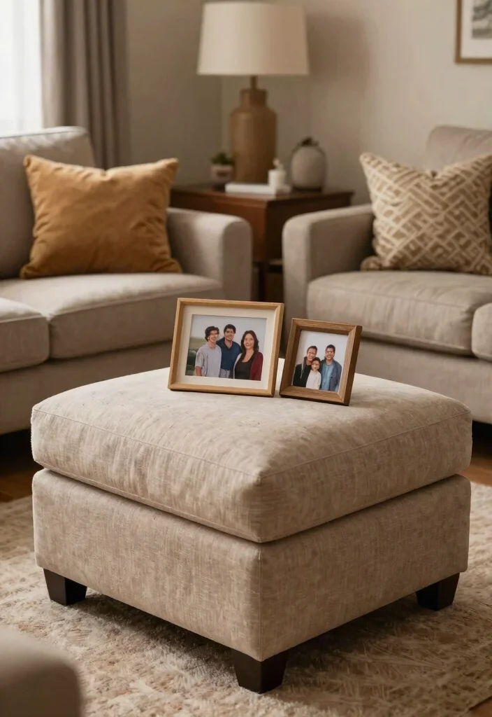 30 Ottoman Decor Living Room Ideas for a Cozy Styled Space - 21. Personalized Touches 1