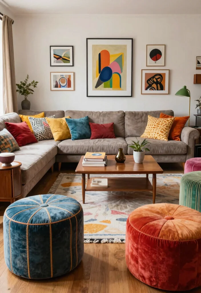 30 Ottoman Decor Living Room Ideas for a Cozy Styled Space - 22. Eclectic Mix 1