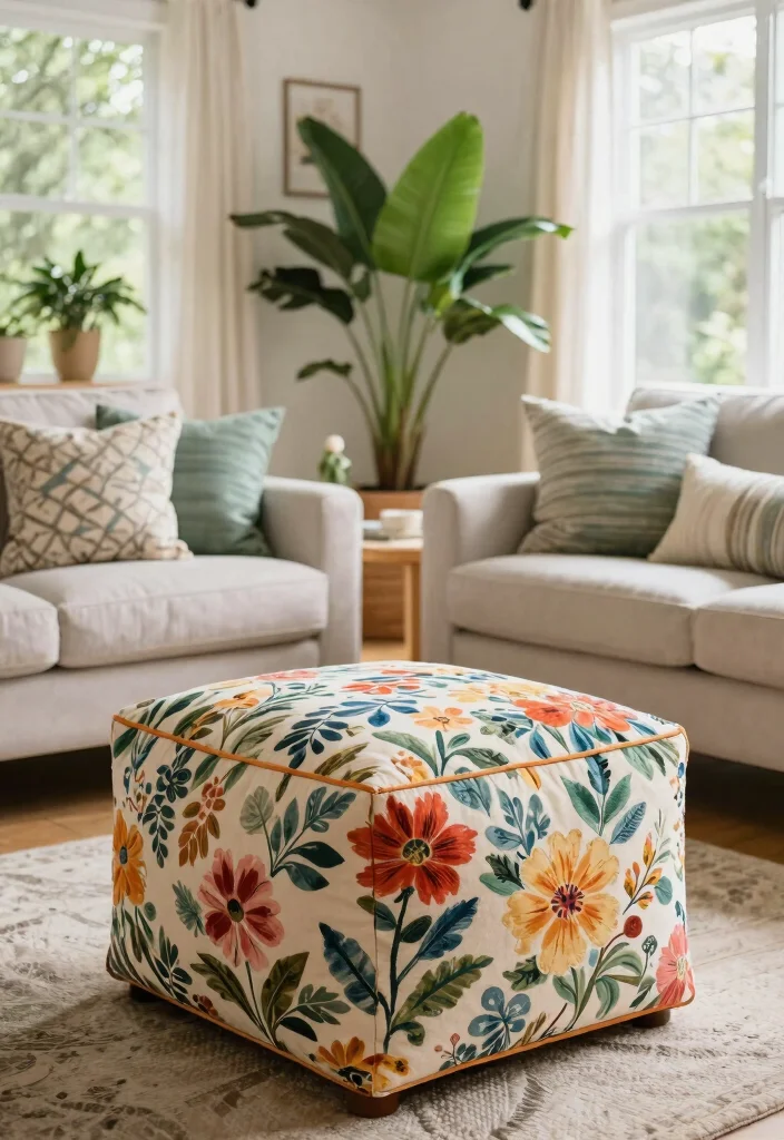 30 Ottoman Decor Living Room Ideas for a Cozy Styled Space - 23. Outdoor-Inspired Living 1