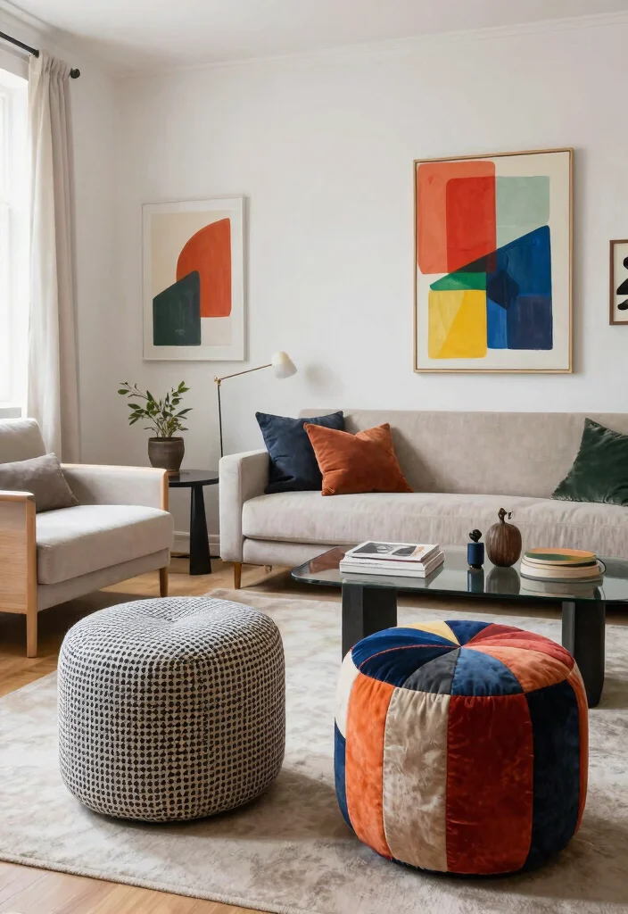 30 Ottoman Decor Living Room Ideas for a Cozy Styled Space - 24. Artistic Ottomans 1