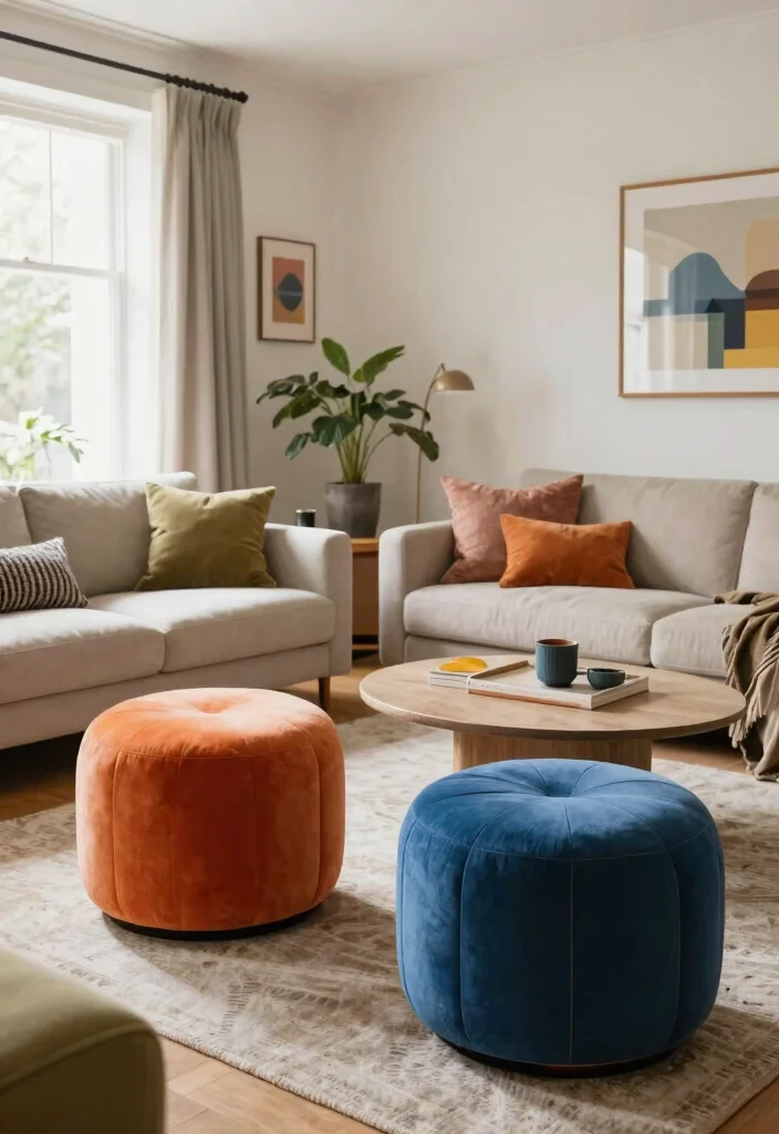 30 Ottoman Decor Living Room Ideas for a Cozy Styled Space - 28. Funky Designs 1