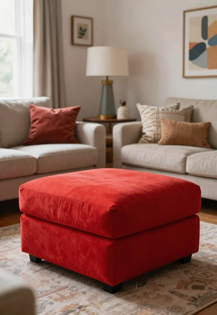 30 Ottoman Decor Living Room Ideas for a Cozy Styled Space - 29. Bold Color Accents 1