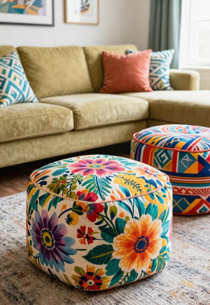 30 Ottoman Decor Living Room Ideas for a Cozy Styled Space - 3. Colorful Prints and Patterns 1