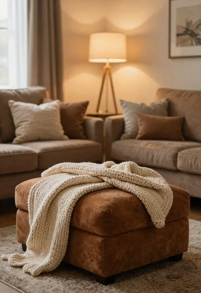 30 Ottoman Decor Living Room Ideas for a Cozy Styled Space - 30. Cozy Textured Throws 1