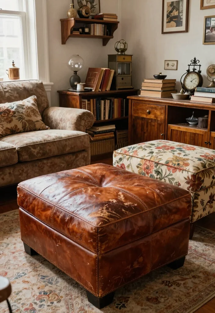 30 Ottoman Decor Living Room Ideas for a Cozy Styled Space - 4. Vintage Finds 1