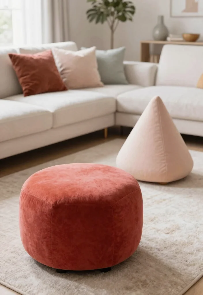 30 Ottoman Decor Living Room Ideas for a Cozy Styled Space - 5. Statement-making Shapes 1