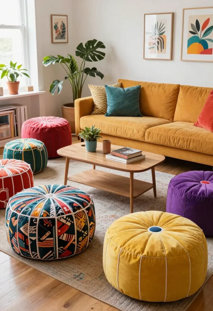 30 Ottoman Decor Living Room Ideas for a Cozy Styled Space - 8. Playful Poufs 1