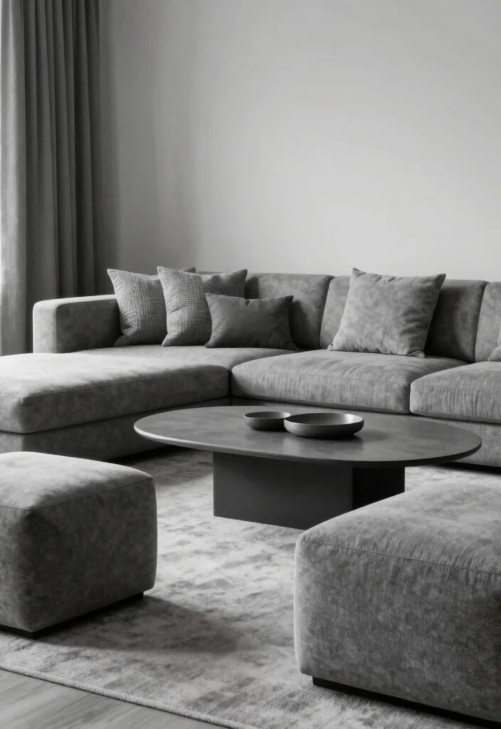 30 Ottoman Decor Living Room Ideas for a Cozy Styled Space - 9. Monochromatic Magic 1