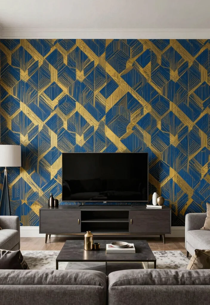 30 Over TV Wall Decor Living Space Ideas for Balanced Design - 10. Use of Striking Wallpaper 1