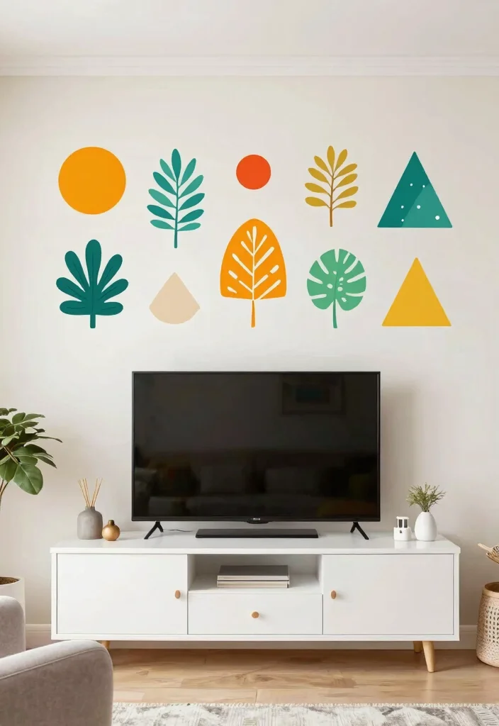 30 Over TV Wall Decor Living Space Ideas for Balanced Design - 12. Artistic Wall Decals 1