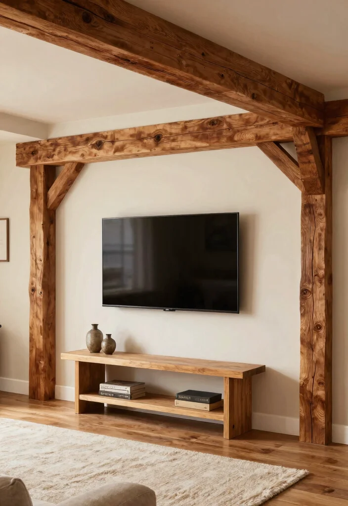 30 Over TV Wall Decor Living Space Ideas for Balanced Design - 13. Designing with Wooden Beams 1