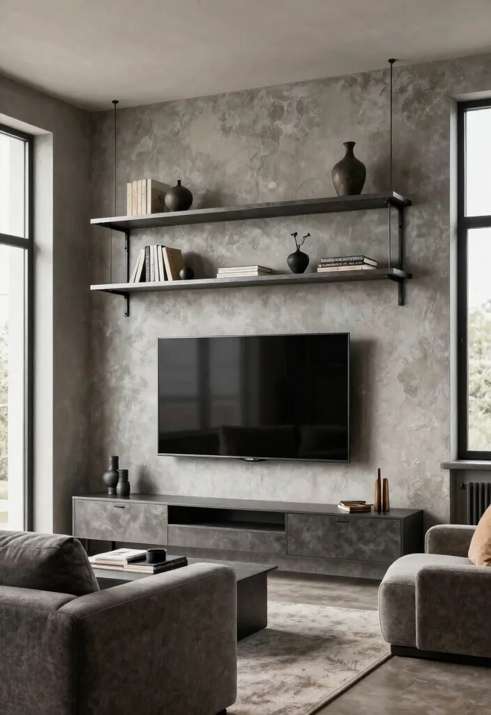 30 Over TV Wall Decor Living Space Ideas for Balanced Design - 14. Utilizing Industrial Elements 1