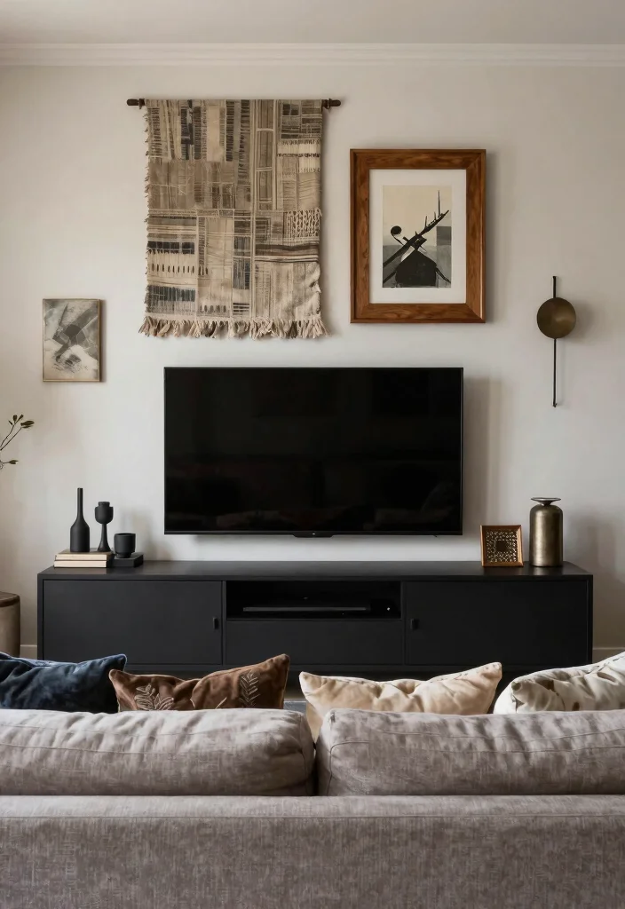 30 Over TV Wall Decor Living Space Ideas for Balanced Design - 16. Layered Textures 1