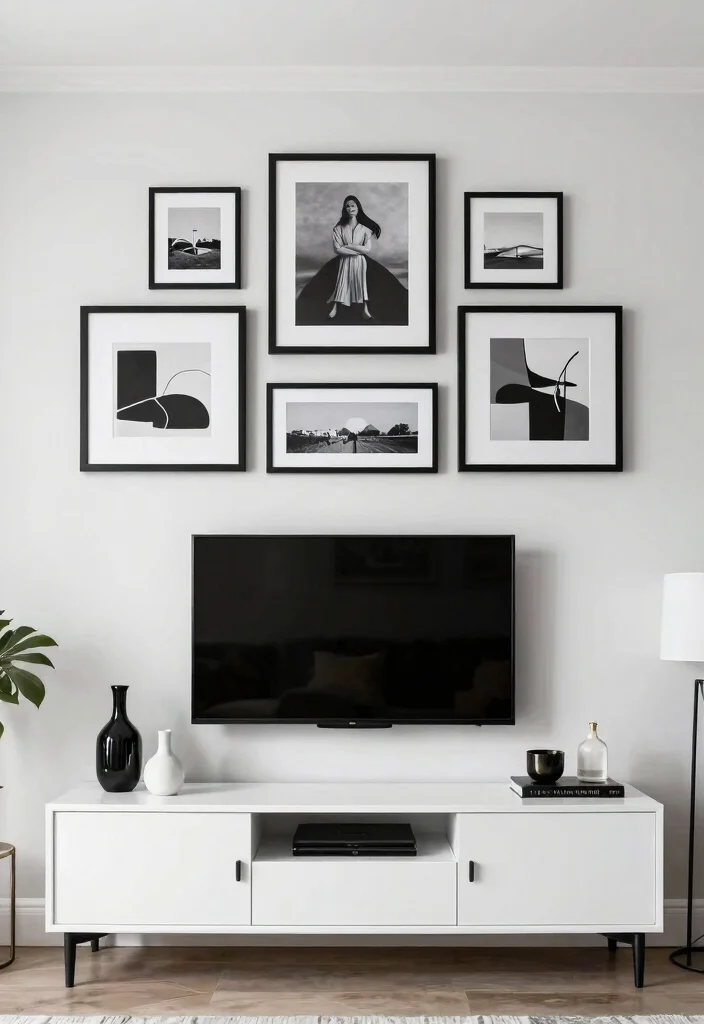 30 Over TV Wall Decor Living Space Ideas for Balanced Design - 17. Sleek Black and White Theme 1