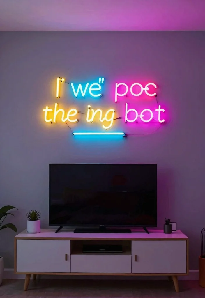 30 Over TV Wall Decor Living Space Ideas for Balanced Design - 18. Incorporating Trendy Neon Lights 1