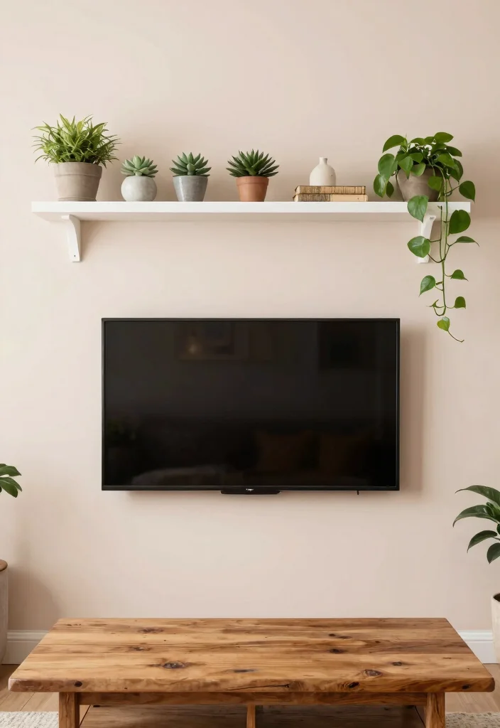 30 Over TV Wall Decor Living Space Ideas for Balanced Design - 2. Floating Shelves with Plants 1