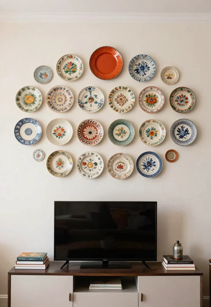 30 Over TV Wall Decor Living Space Ideas for Balanced Design - 20. Artistic Display of Vintage Plates 1