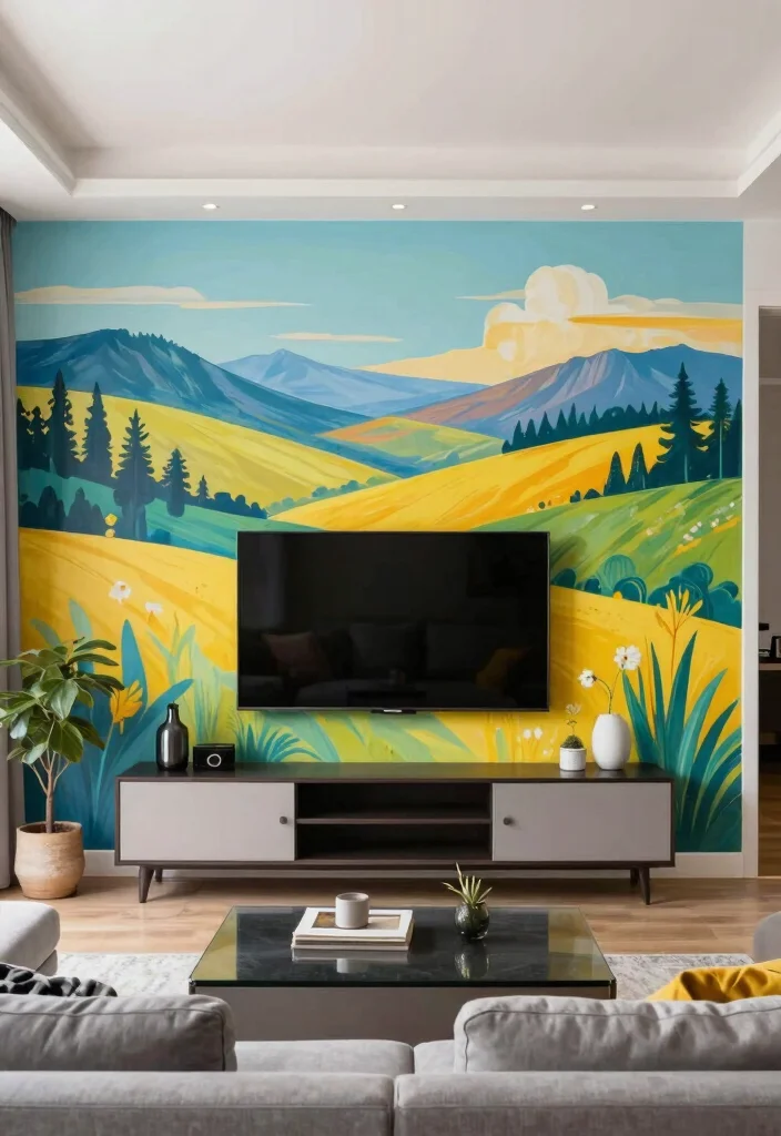 30 Over TV Wall Decor Living Space Ideas for Balanced Design - 21. Custom Mural Above TV 1