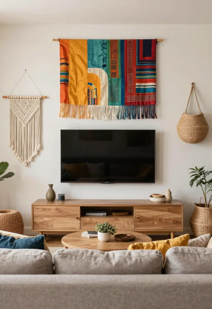 30 Over TV Wall Decor Living Space Ideas for Balanced Design - 23. Eclectic Mix of Textiles 1