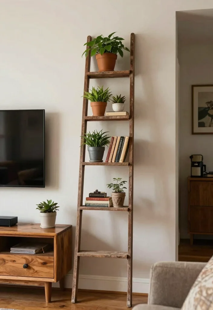 30 Over TV Wall Decor Living Space Ideas for Balanced Design - 24. Vintage Ladder Display 1