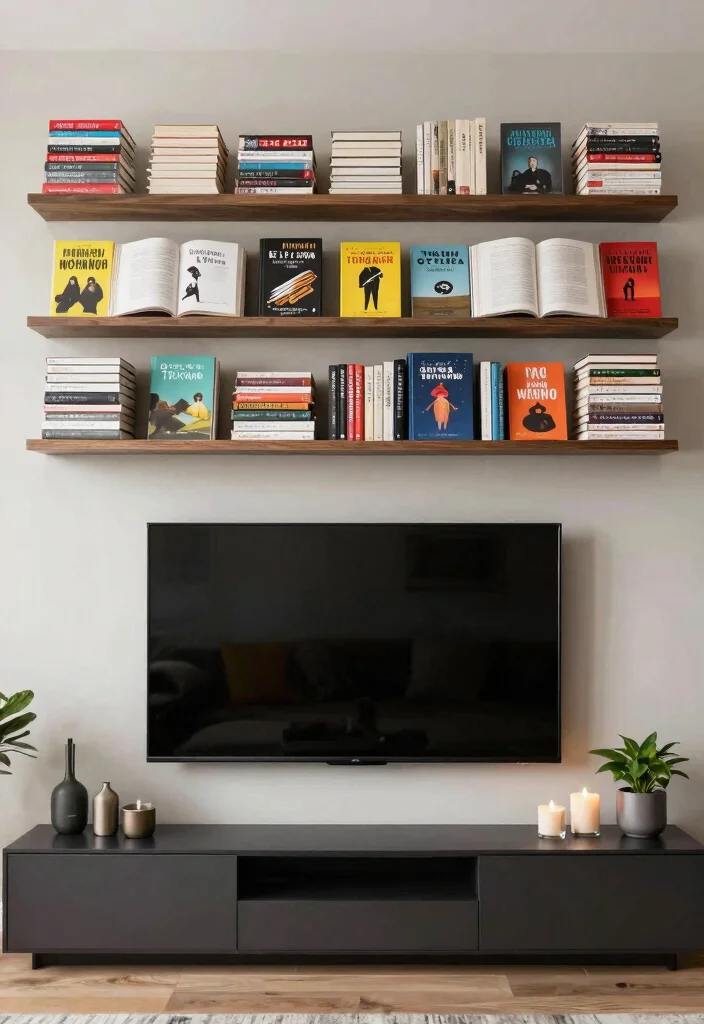 30 Over TV Wall Decor Living Space Ideas for Balanced Design - 25. Curated Book Displays 1