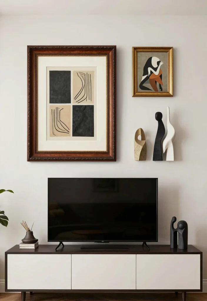 30 Over TV Wall Decor Living Space Ideas for Balanced Design - 26. Mixing Vintage and Modern 1