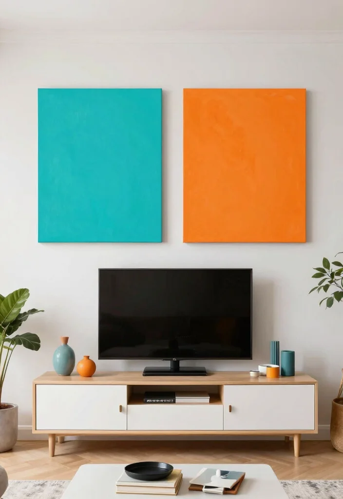 30 Over TV Wall Decor Living Space Ideas for Balanced Design - 27. Bold Color Blocks 1