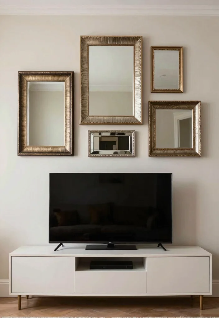 30 Over TV Wall Decor Living Space Ideas for Balanced Design - 29. Layering Frames and Mirrors 1