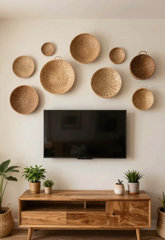 30 Over TV Wall Decor Living Space Ideas for Balanced Design - 6. Decorative Wall Baskets 1
